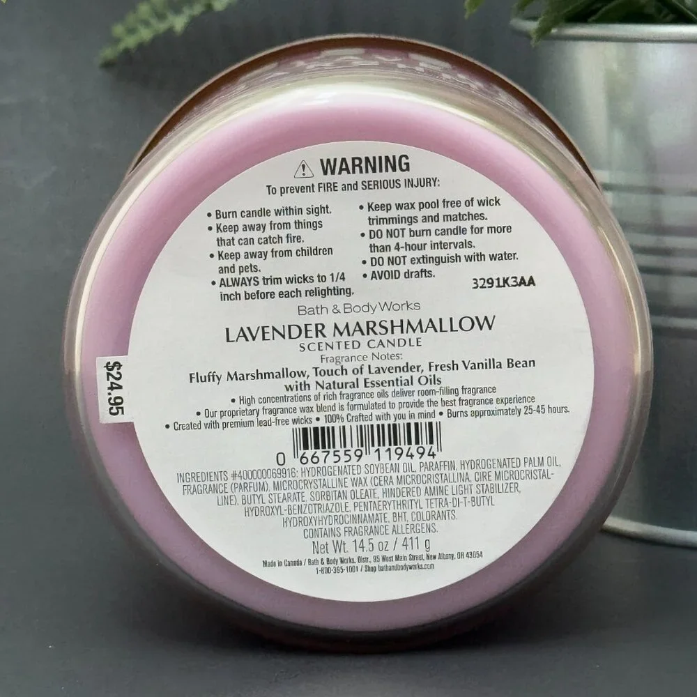 BBW Lavender Marshmallow Bath & Body Works 3 Wick Candle - Picture 9 of 10